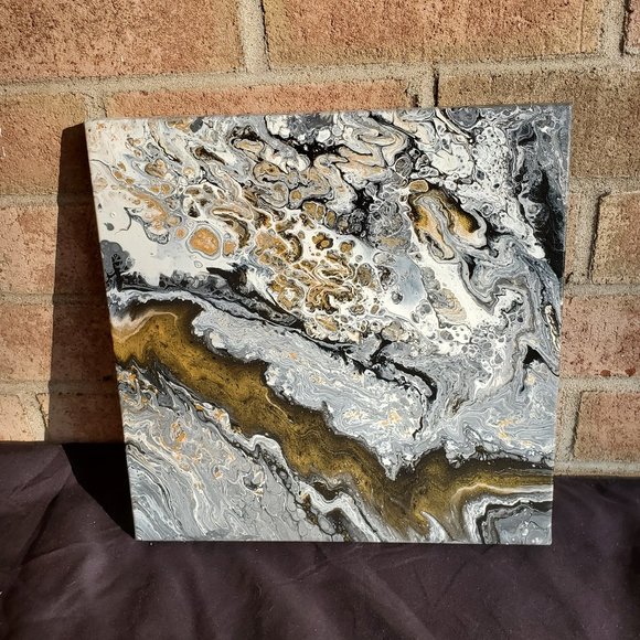 12" x 12" Acrylic Pour Painting Black White & Gold - Picture 2 of 2